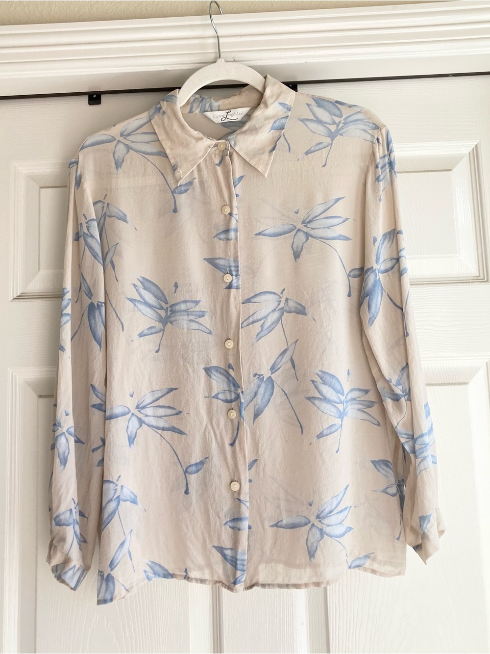 Vintage silk sheer cream & light blue button down long sleeve top
